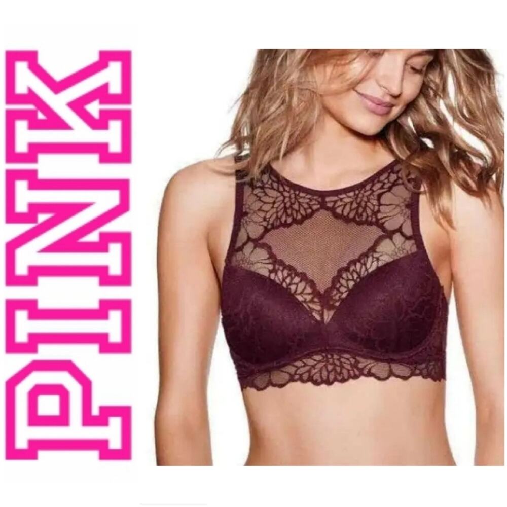 Victoria's Secret Burgundy Purple High Neck Push Up Lace Bralette Large DD